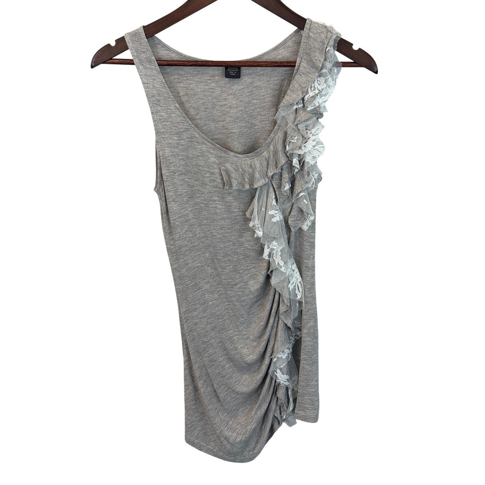 Sheer Gray Fairy Tank Top with Lace Ruched Side Ruffle Raw Edge Grunge sz Small